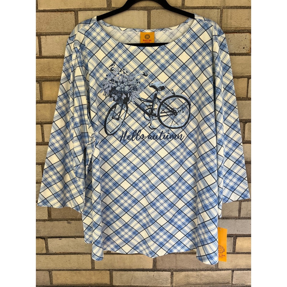 Ruby Rd Woman Blue Plaid Hello Autumn Bicycle Graphic Top 2X